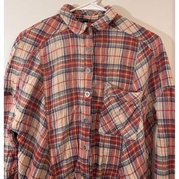 FREE PEOPLE Shirt small Juniper Ridge Raw Hem Gauzy Plaid Oversized Button Up - Picture 2 of 11